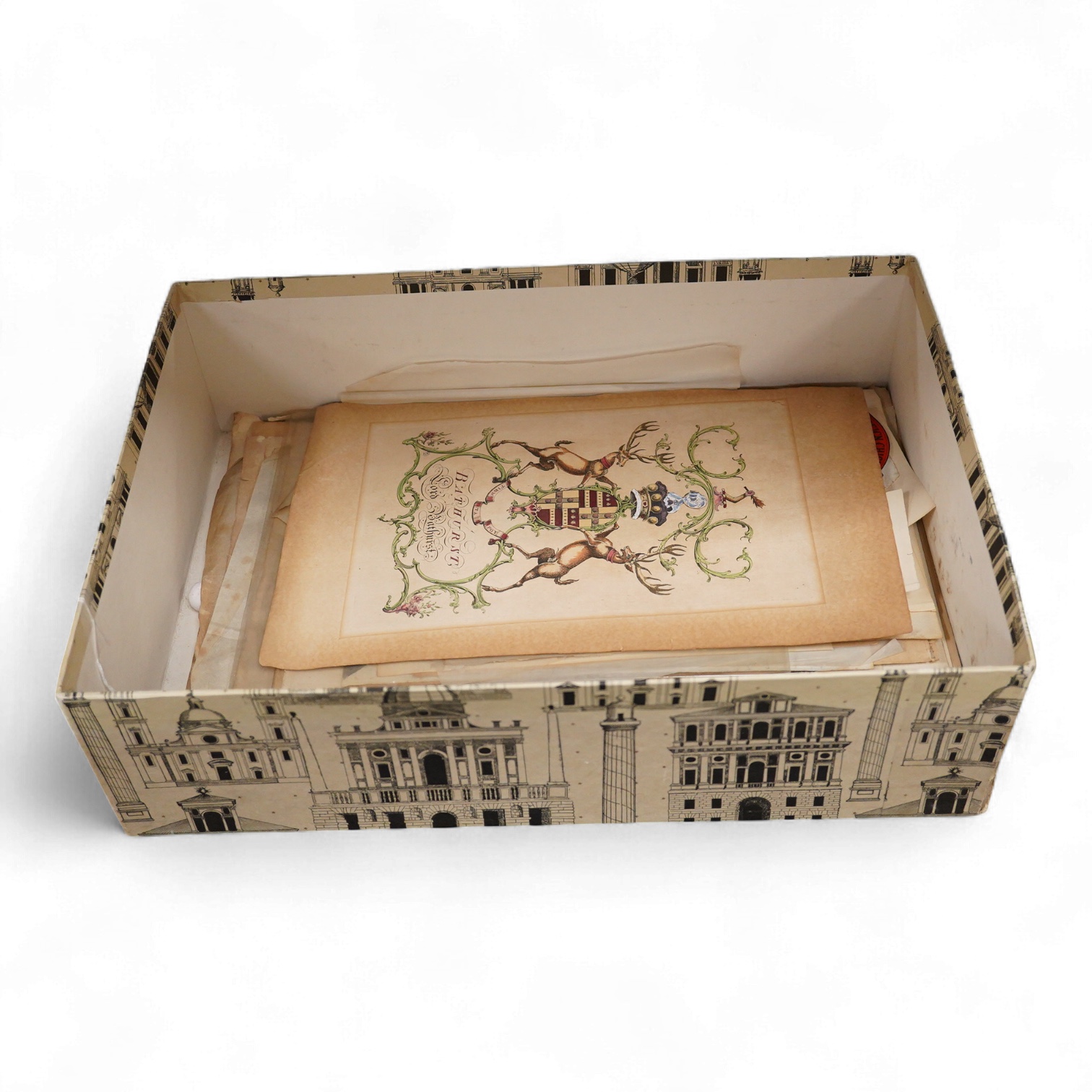 A group of hand coloured engravings, to include a heraldic example, trade advertisement labels and pen and ink and watercolour sketches, 18th/19th century